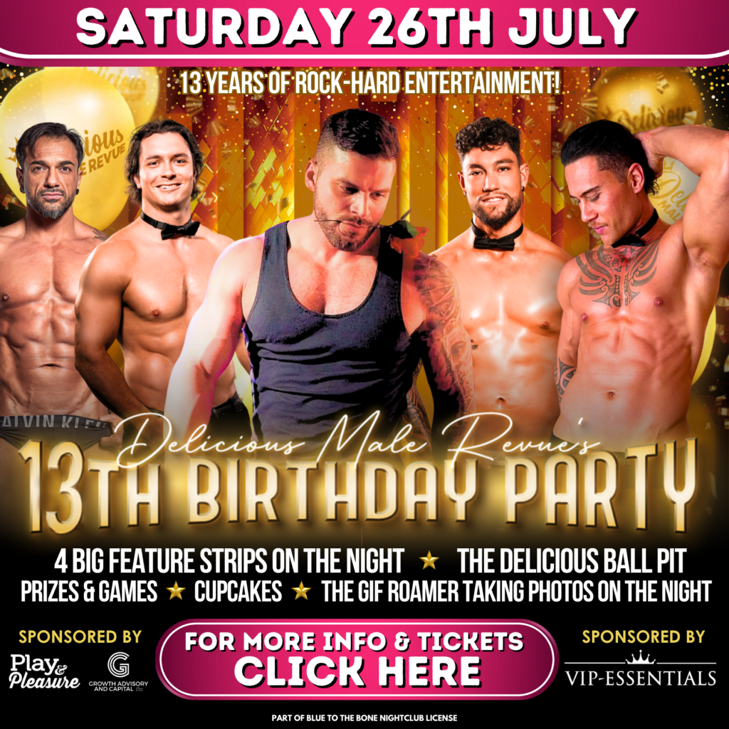 Square promotional image for Delicious Male Revue's 13th Birthday party